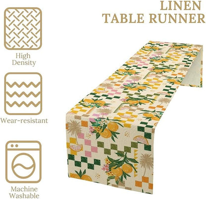 Tropical Summer Fruit Table Runner, Orange Square Grid Lemon Beach Ocean Table Runner for Kitchen Dining Party Holiday Home 13x70in