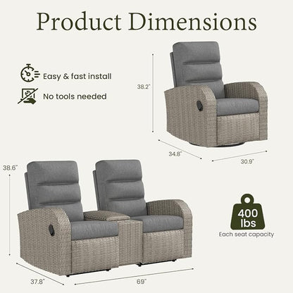 Oversized 3 Pieces Wicker Outdoor Recliner Loveseat - Image 2