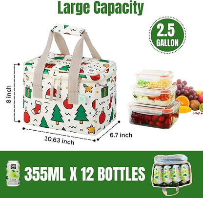 VENO 2 Pack Christmas Insulated Lunch Bag, Heavy Duty Insulated Grocery Bags, Small Cooler with Water-Resistant PP Exterior for Work, Picnic, Travel, Easy-Clean (Jingle Mix, 2 Pack)