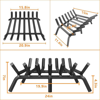 Mr IRONSTONE Fireplace Grate 24 inch Solid Steel Heavy Duty Firewood Log Burning Rack Fire Grates for Outdoor Kindling Tools Pit Indoor Fireplace Log Holder Wrought Iron Wood Stove