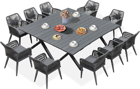 PURPLE LEAF 12 Pieces Outdoor Patio Dining Sets All-Weather PE Rattan Furniture Set with All Aluminum Frame Outdoor Table and Chairs Set for 10 People Lawn Garden Backyard Deck, Grey