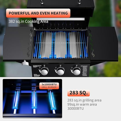 3 Burner Propane Gas Grill, 30000 BTU Outdoor Gas BBQ Grill Cooking with Two Table, Stainless Steel Cooking Grids, Built-in Thermometer, Easy-Clean Grease, for Backyard, Camping