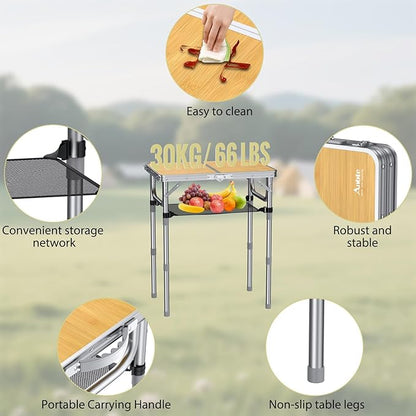 Anbte 2ft Camping Table Foldable, 3 Adjustable Heights High 27.5" Aluminum Small Folding Table with Carrying Handle, Portable, for Outdoor Indoor Picnic Beach BBQ Party Travel, 24" x 16", Yellow