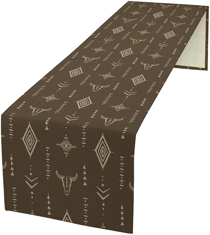 Western Cow Skull Table Runner,Vintage Boho Aztec Cow Ethnic Pattern Printed Table Runner for Home Kitchen Dining Farmhouse Coffee 13x60in