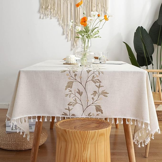 Pahajim Rustic Linen Tablecloth Cotton Waterproof Table Cloth for Kitchen Dining with Tassel Rectangle Tablecloths Rectangle/Oblong,55''x102'',8-10 Seats