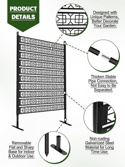 6FT Metal Privacy Screen for Outdoor, Kalolary Privacy Fence Screen Freestanding Steel Privacy Fence Panels with Stand Decorative No-dig Space Divider Fence for Patio Balcony Backyard Indoor