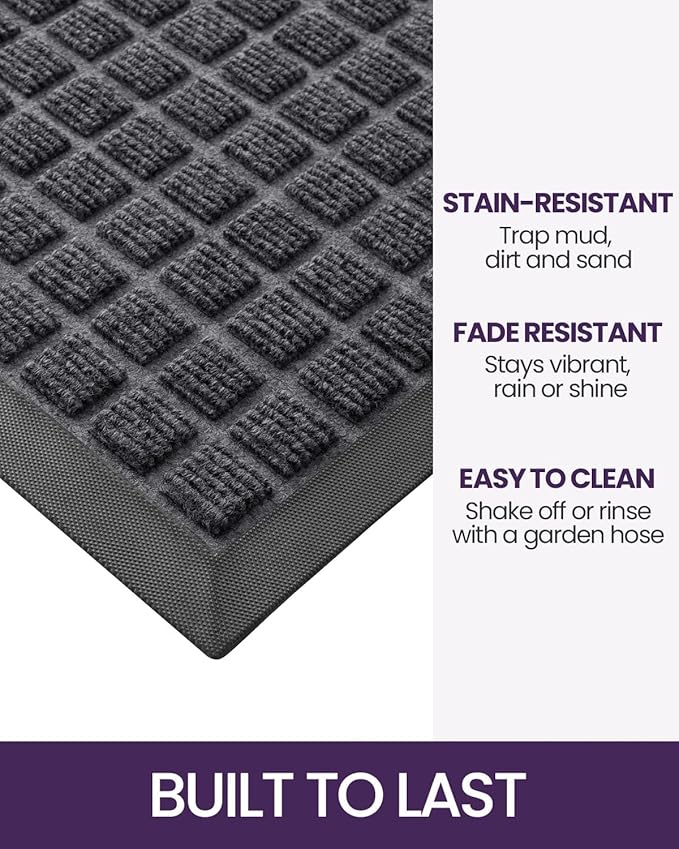 DEXI Front Door Mat Outside Entrance, 17x29 Rubber Entry Doormat Heavy Duty, Welcome Mats Non Slip for Inside House Floor Entryway Double Doors Exterior Patio, Checkered Grey