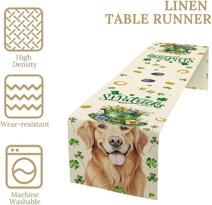St.Patrick's Day Table Runner,Sharmrock Dog Hat Golden Retriever Beige Rustic Table Center Decor for Home Kitchen Dining Patio Holiday Party Indoor Table Decorations, 13"x90"