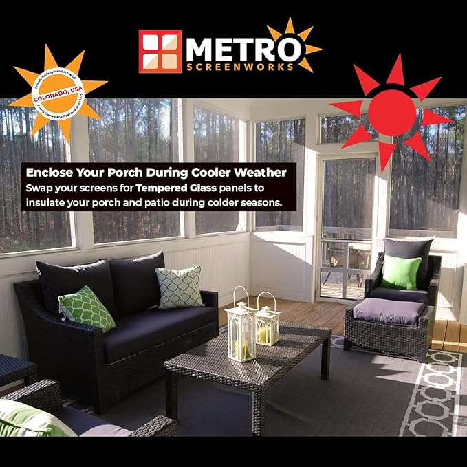 Metro Screenworks Framed Tempered Glass Panel for Porch & Patio Panels, Outdoor Enclosures, (24-1/2" x 6-1/4", Almond) Enclose Your Porch with Tempered Glass Panels - Glass Panel Replacement