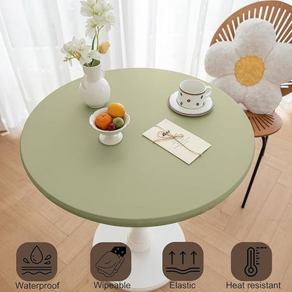 Round Fitted PU Tablecloth with High Elastic Edge 24 Inch Dia Waterproof Oil Proof Table Cloth Anti-Scald Stain-Resistant Wipeable Table Cover for Indoor Outdoor Picnic (Green,24" Dia)