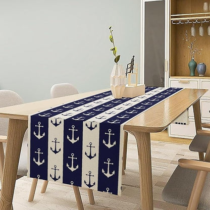Nautical Anchor Table Runner, Ocean Beach Coastal Beach Stripe Background Theme Table Runner for Dining Kitchen Party Holidays Home 13x70in