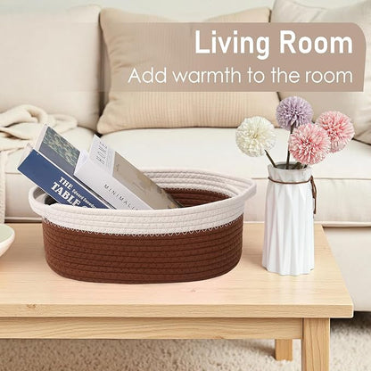 Woven Basket,Small Rope Storage Bin with Handles & Ribbon Bag, Organizer for Shelves Closets,Gift Basket Empty for Birthday,Books,Dog Toys, White&Brown
