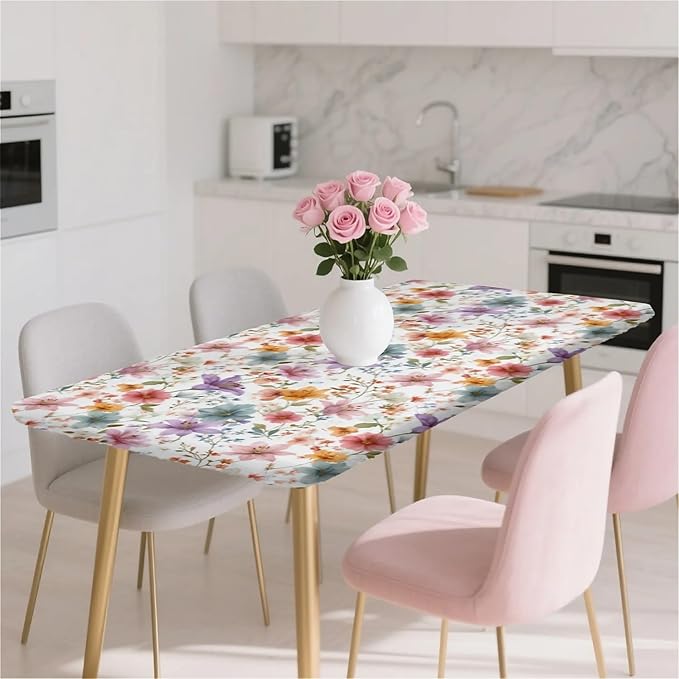Rectangle Table Cloth Cover Waterproof Elastic Fitted Polyester Fitted Tablecloths for 6 Foot Tables for Indoor,Picnic, Camping, Outdoor （60" x 30"，Flower）