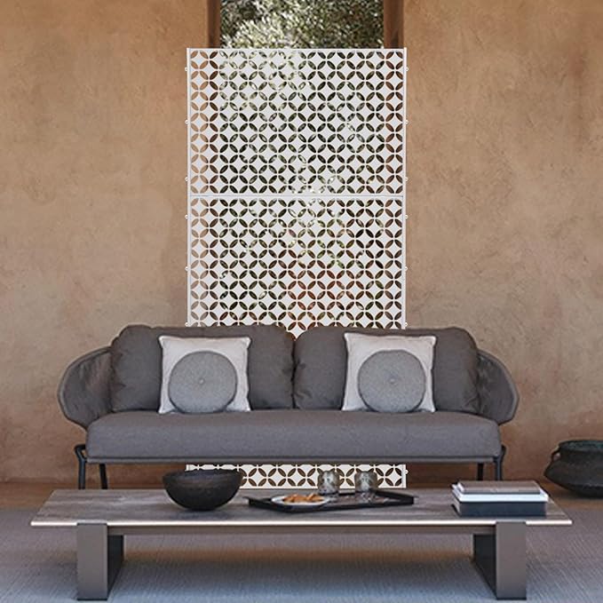 Outdoor Metal Privacy Screen with Stand, 35.4" W x 75" H Freestanding Metal Slatted Decorative Privacy Screen and Panels for Patio Garden Balcony Porch (White Star)