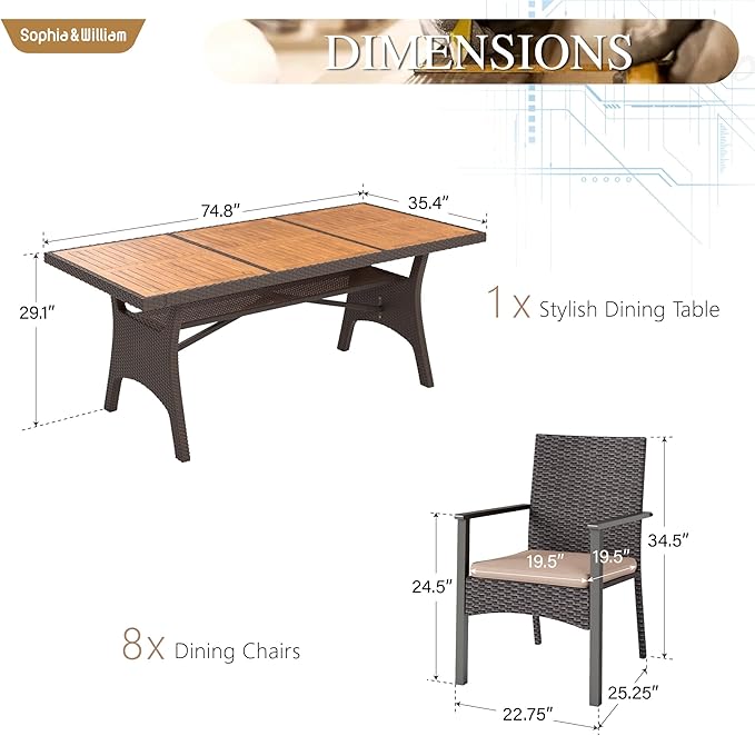 Sophia & William 9 Piece Patio Dining Set, Patio Table and Chairs Set Outdoor Dining Set for 8, Acacia Wood Patio Dining Table Set with PE Rattan Wicker Chairs for Garden, Porch, Backyard