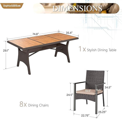 Sophia & William 9 Piece Patio Dining Set, Patio Table and Chairs Set Outdoor Dining Set for 8, Acacia Wood Patio Dining Table Set with PE Rattan Wicker Chairs for Garden, Porch, Backyard