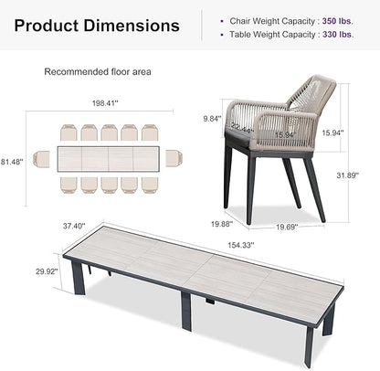 PURPLE LEAF 13 Pieces Patio Dining Set Aluminum Modern Rectangular Table and Rattan Arm Chairs with Cushions for Kitchen Porch Garden Outdoor Furniture Sets, Beige and Dark Grey