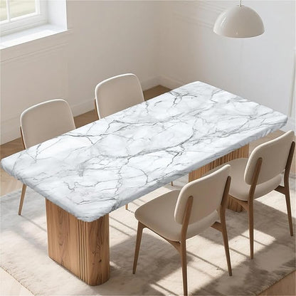 Rectangle Table Cloth Cover Waterproof Elastic Fitted Polyester Fitted Tablecloths for 8 Foot Tables for Indoor,Picnic, Camping, Outdoor （96" x 30"，Marble）