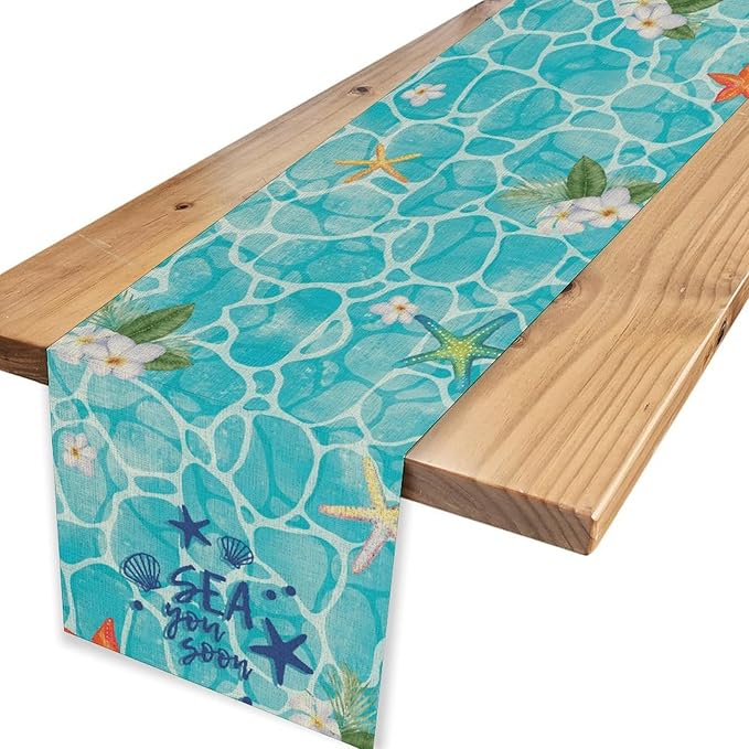Summer Starfish Table Runner, Blue Sea Coastal Tropical Flower Beach Nautical Starfish Ocean Table Runner Seasonal Holiday Home Kitchen Dining Table for Home Party Decor 13"x72"