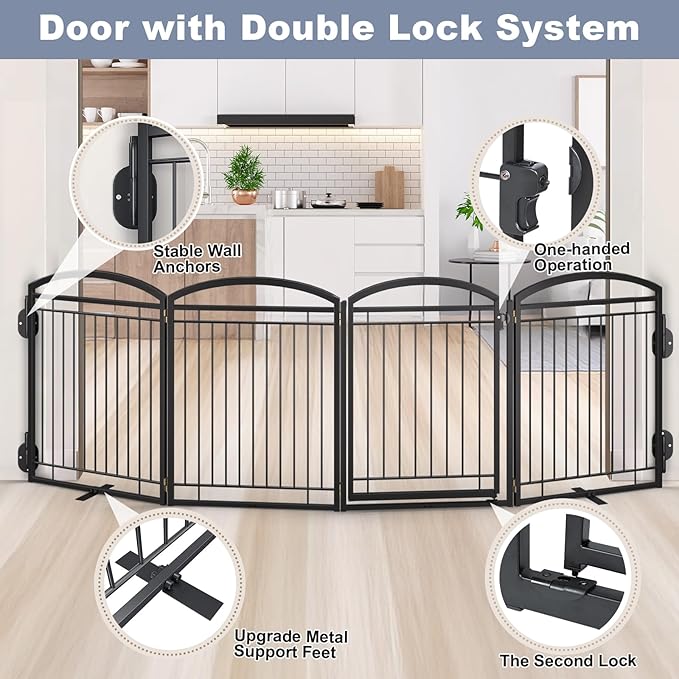 Full Metal Free Standing Dog Gate with Door for Indoor & Outdoor,96'' Extra Wide 32'' Tall Dog Gate for The Doorways,Large Openings,Decks,Porch,Pet Freestanding Safety Fence(4 Panels,Black)