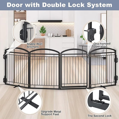 Full Metal Free Standing Dog Gate with Door for Indoor Barriers,144'' Extra Wide 32'' Tall Dog Gate for Doorways,Large Openings,Decks,Freestanding Portable Pet Fence(6 Panels,Black)