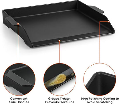 Onlyfire Universal Cast Iron Cooking Griddle, Nonstick Coating Griddle Flat Top Grill Plate with Extra High Sidewalls for Charcoal, Gas Grills and Range Oven, 18.5" × 14"