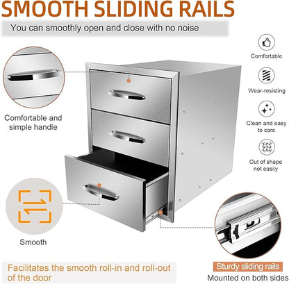 Outdoor Kitchen Drawers, Box Frame Style Flush Mount BBQ Drawer w/Stainless Steel Handle, BBQ Island Drawers For Patio Grill Station,Three Drawers