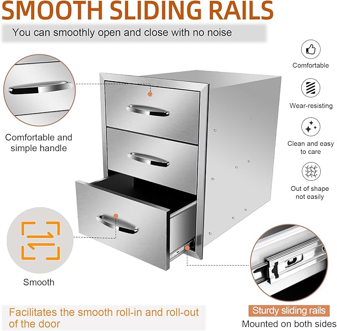 Pull Out Trash Drawer, Lower Sliding Rails Stainless Steel Roll Out Trash Bin Pull Out Tray With Handle For Outdoor Kitchen BBQ Island Grill Station,Three Drawers