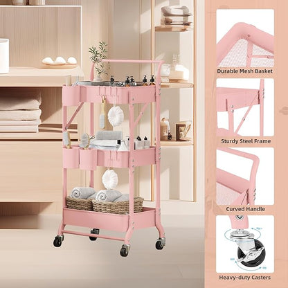 3-Tier Folding Rolling Utility Cart with Wheels, Metal Foldable Storage Cart Organizer with 3 Hanging Cups & 6 Hooks for Kitchen, Office, Living Room, Nursery(Pink)