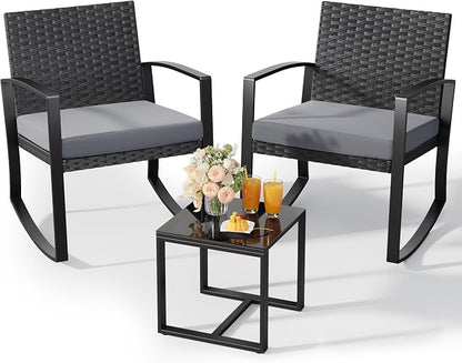 Qsun 3 Pieces Patio Furniture Set Rocking Bistro Set Outdoor Rattan Conversation by Qsun