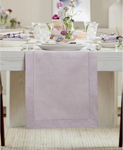 Solino Home Linen Lilac Table Runner 120 Inches Long - 100% Pure Linen Hemstitch 14 x 120 Inch Table Runner for Dining, Valentines, Spring, Easter - Classic Hemstitch