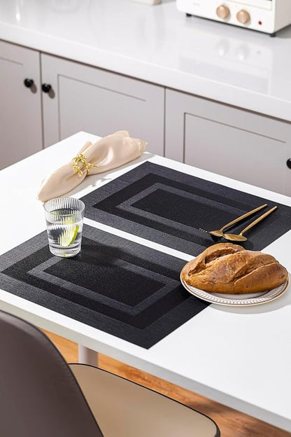 LEXMORE PlaceMats Set of 12 Vinyl/Plastic Woven Place Mats for Kitchen Table Indoor/Outdoor Washable PlaceMat Wipeable Dining Table Mats(Black Cube)