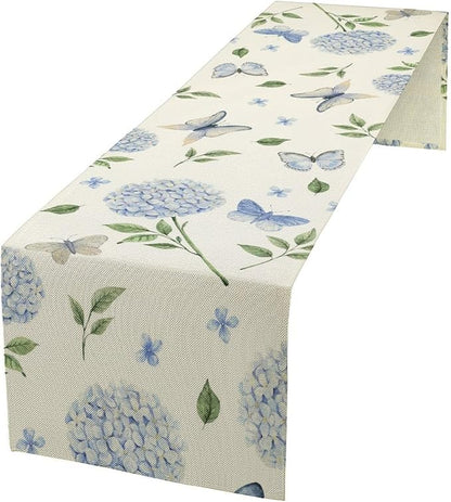 Spring Hydrangea Table Runner, Summer Moth Watercolor Sky Blue Butterfly Flowers Rustic Farmhouse Garden Print Table Cover for Kitchen Dining Room Table Home Party Decor,13x108inch