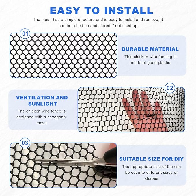 Plastic Chicken Wire Mesh Fence Roll with Zip Ties,15.7inx16.4ft Black,Chicken Wire Fencing,Garden Fence Animal Barrier for Dogs, Cats & Poultry,Easy Install