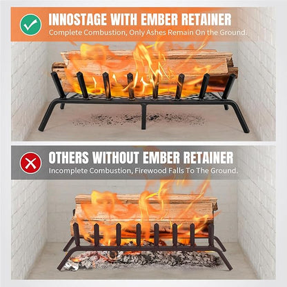 INNO STAGE Fireplace Grates with Ember Retainer - 30 Inch Fireplace Log Grate, Firewood Wood Log Holder Rack, Inside Wrought Cast Iron Fire Grate for Hearth Indoor Outdoor Camping