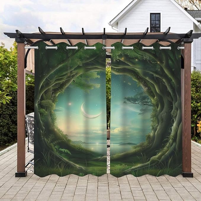 Forest Theme Outdoor Curtains for Patio Waterproof,Trees Moon Lake Pattern,Light Filtering Curtains Outside Curtains for Porch, Gazebo, Pergola, Backyard,Set of 2 Panels,54 x 108 inch,Green