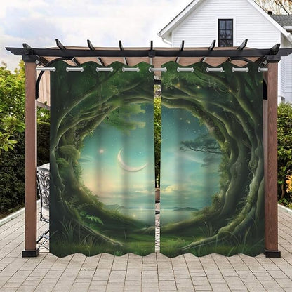 Forest Theme Outdoor Curtains for Patio Waterproof,Trees Moon Lake Pattern,Privacy Weatherproof Grommet Outside Curtains for Porch, Pergola, Cabana,Set of 2 Panels,42 x 84 inch,Green