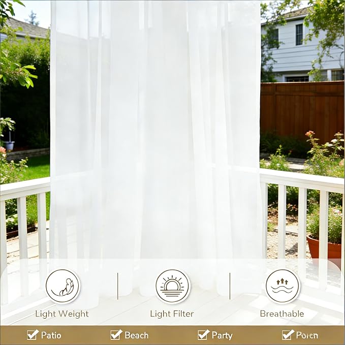 Outdoor Sheer Curtains for Patio Waterproof, 4 Panels Rod Pocket Indoor/Outdoor - Image 5
