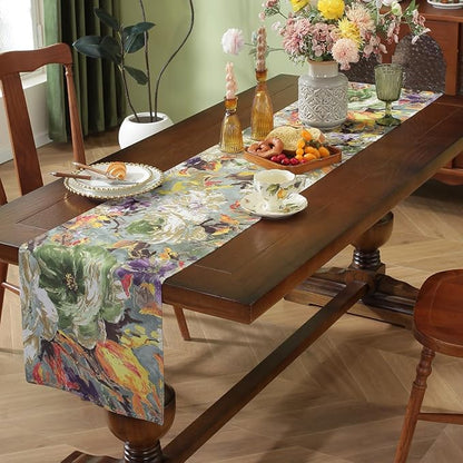 Double-Sided Table Runner - Reversible Oil Painting & Banana Leaf Design, Waterproof Linen Cotton for Dining Table Decor, Holiday Home Decoration（Green）