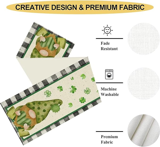 St.Patrick's Day Table Runner,Vintage Black White Plaid Green Polka Dot Gnome Shamrock Seasonal Spring Table Center Decor for Home Kitchen Dining Patio Party Indoor Decorations, 13"x108"