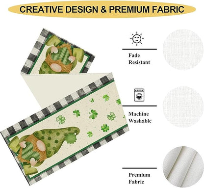 St.Patrick's Day Table Runner,Vintage Black White Plaid Green Polka Dot Gnome Shamrock Seasonal Spring Table Center Decor for Home Kitchen Dining Patio Party Indoor Decorations, 13"x72"