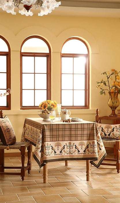 Vintage Brown Checkered Long Rectangle Tablecloth,Italian Floral Linen Wrinkle Resistant Table Cloth,Decor Table Cover for Kitchen,Dining,Thanksgiving,Christmas,63"*102"-Seville