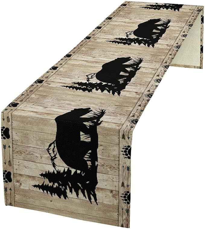Rustic Woodland Table Runner, Forest Animals Country Lodge Cabin Wild Bear Table Runner for Dining Kitchen Home Holiday 13x90in