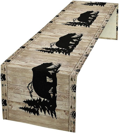 Rustic Woodland Table Runner, Forest Animals Country Lodge Cabin Wild Bear Table Runner for Dining Kitchen Home Holiday 13x90in