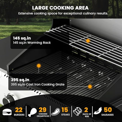 4-Burner Gas Grill with Side Burner,Stainless Steel Propane Grill with Porcelain-Enameled Grills,Built-In Thermometer,42000BTU BBQ Grill for Outdoor Cooking and Patio Barbecues