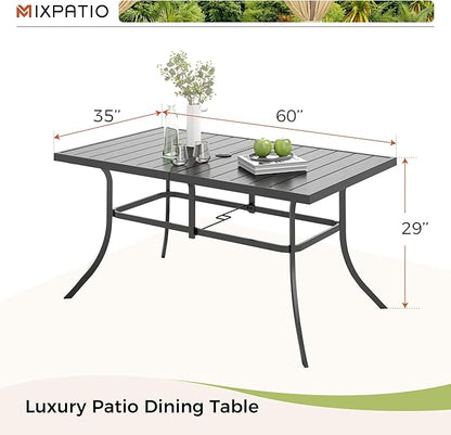 Outdoor Patio Dining Table for 6, 60" x 35" Rectangular Metal Patio Dining Table with Umbrella Hole for Garden, All Weather Wrought Iron Black Outdoor Table for Backyard and Porch