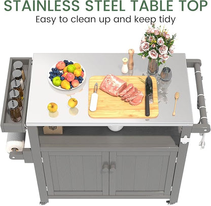 Weatherproof HIPS Outdoor Kitchen Island with Stainless Steel Top & Storage Cabinet, Movable Prep Table with Wheels for BBQ Food Prep, Outdoor Grill Cart for Parties, Grey