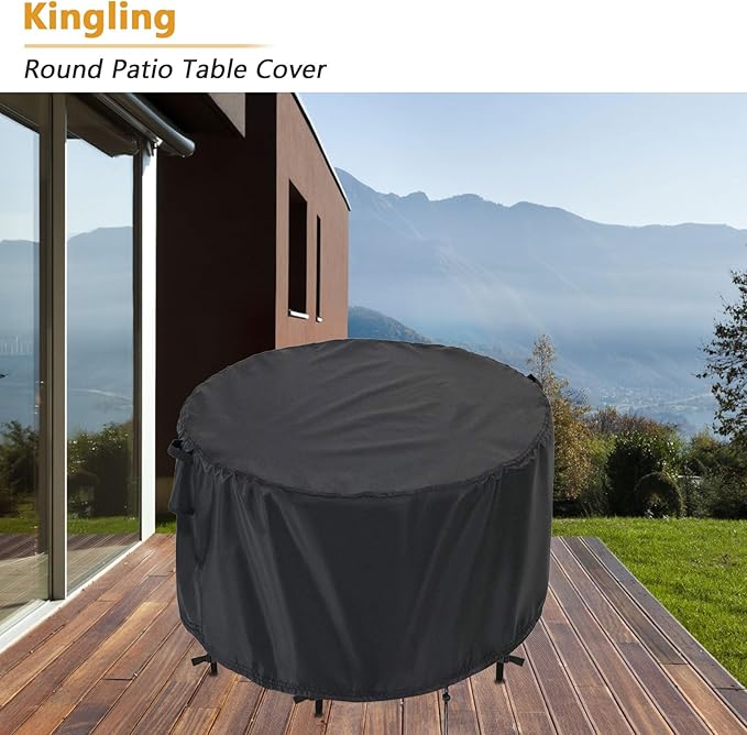 Kingling Patio Furniture Covers Waterproof, Round Patio Table Cover 48 inch Heavy Duty Outdoor Table Cover for Dining & Coffee Table Chair Set, Small Firepit Table All Weather Resistant-48''D x27''H