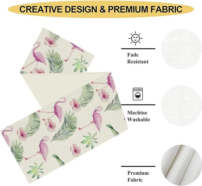 Flamingo Table Runner,Spring Summer Tropical Floral Green Palm Leaves Hawaiian Luau Watercolor Table Center Decor for Family Kitchen Living Room Farmhouse Party Table Decorations, 13"x90"
