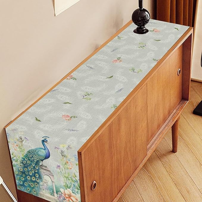 Peacock Table Runner,Watercolor Traditional Chinese Style Peacock Floral Garden Traditionla Chinese Style Table Center Decor for Home Dining Kitchen Patio Party Indoor Table Decorations, 13"x72"